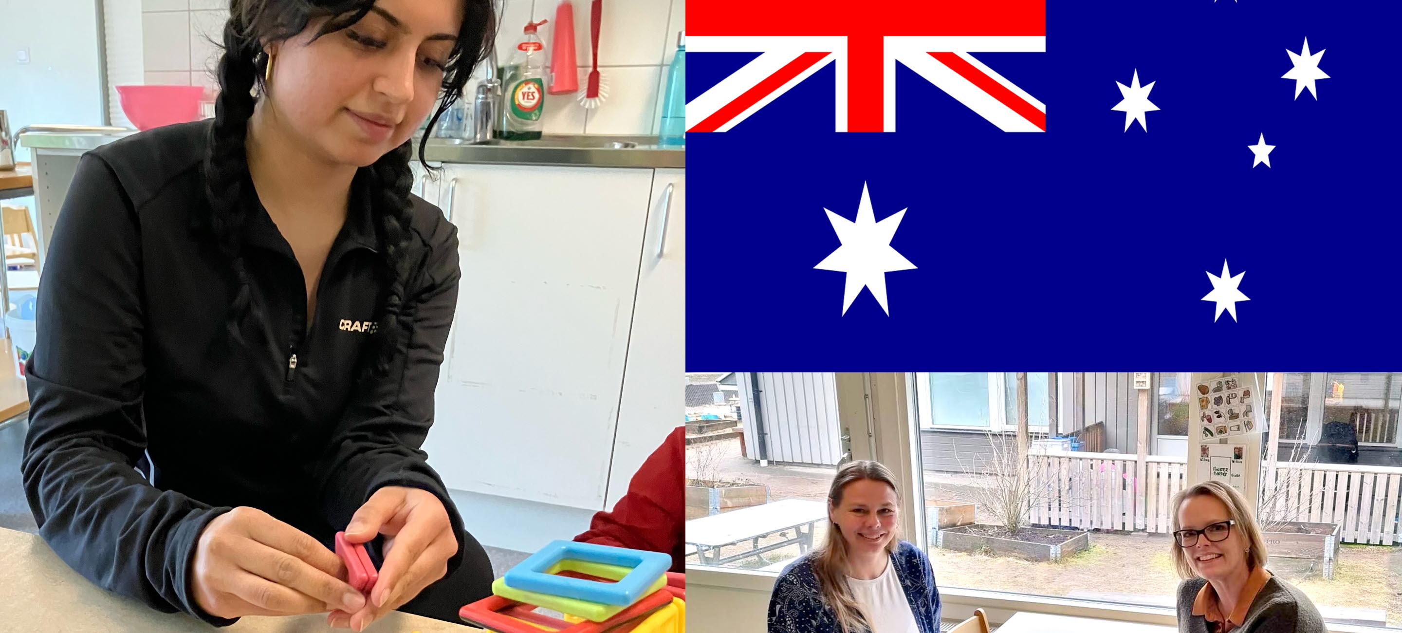Flicka som pysslar vid ett bord, australiensiska flaggan, två kvinnor vid ett bord