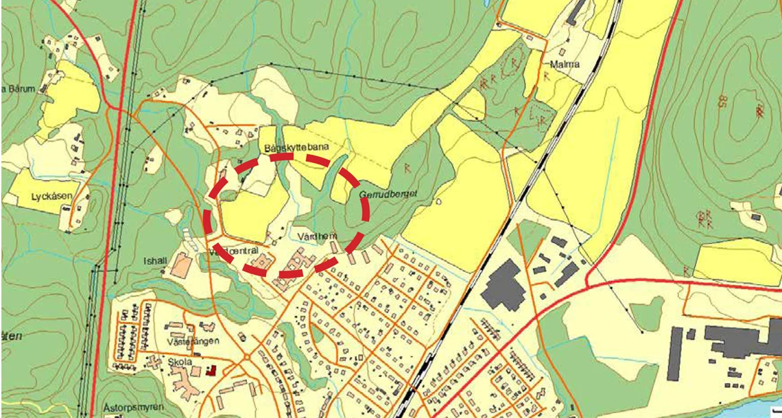 Planområdet inringat i rött på en karta. 