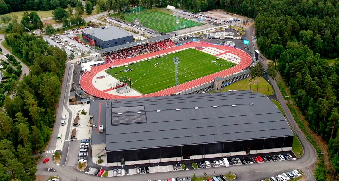 Flygbild Solstadens sportcenter sedda uppifrån, Sola arena i mitten