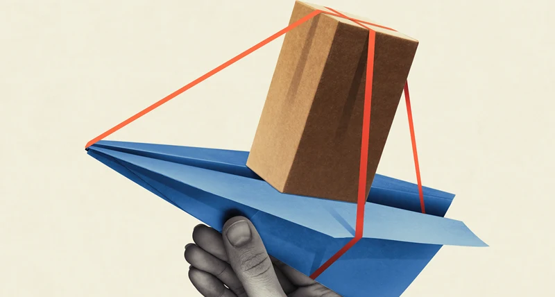 En hand håller i ett pappersflygplan. En låda är fäst på pappersflygplanets rygg.