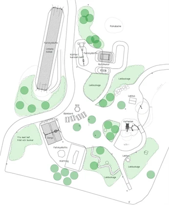Skiss över Cordvägens lekplats. Den visar bland annat linbana, klätterkarusell, lekbuskage, vattenlek och grill.