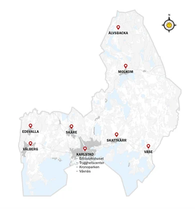 Karta över Karlstads kommun med kommunens informationsplatser markerade